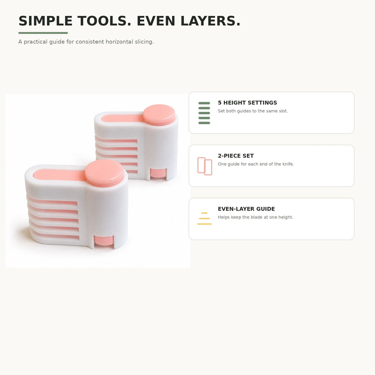 Cake leveling guides with five height settings and 2-piece set features