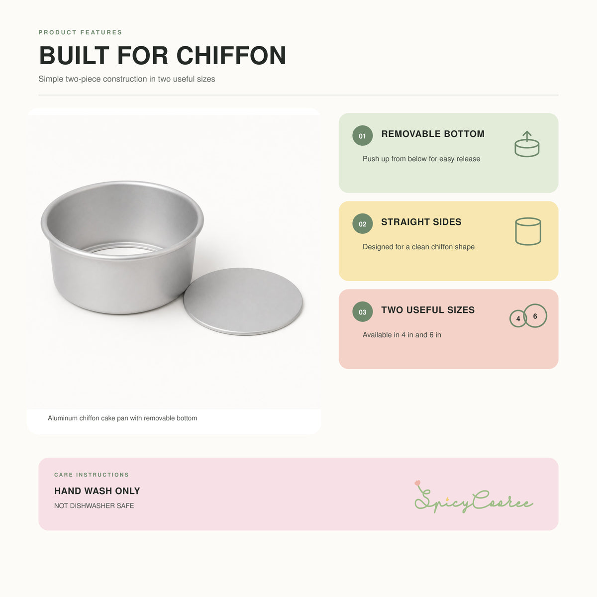 Chiffon cake pan features including removable bottom, straight sides, two sizes, and hand wash only