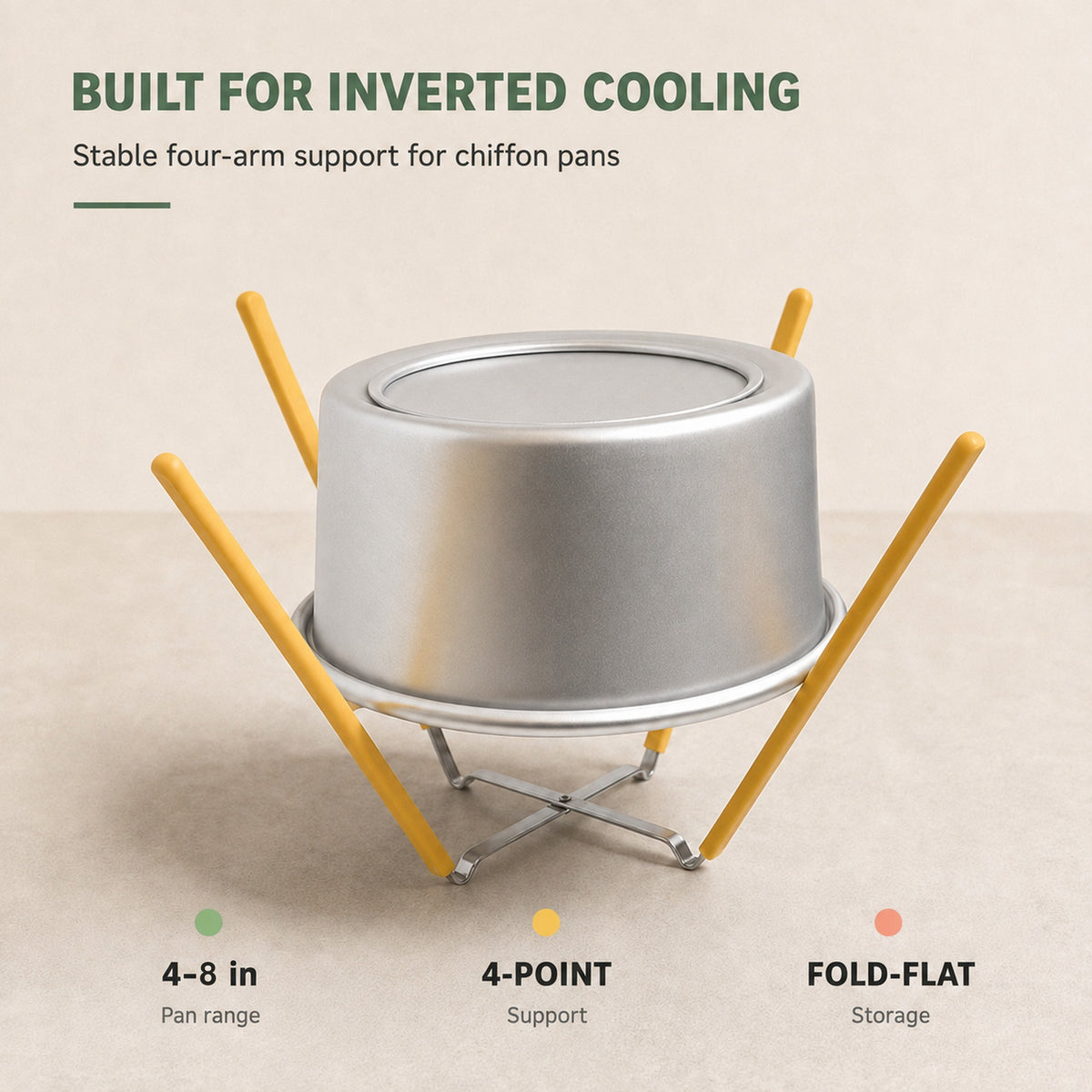 Folding chiffon cake cooling rack supporting an inverted chiffon cake pan
