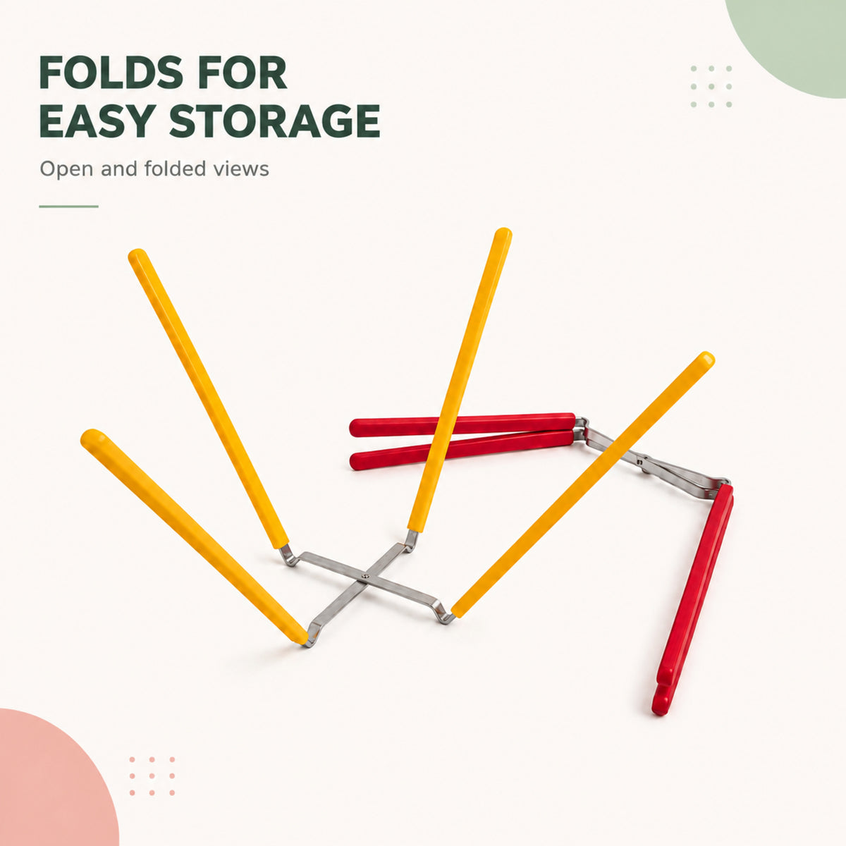 Folding chiffon cake cooling rack shown open and folded flat for storage