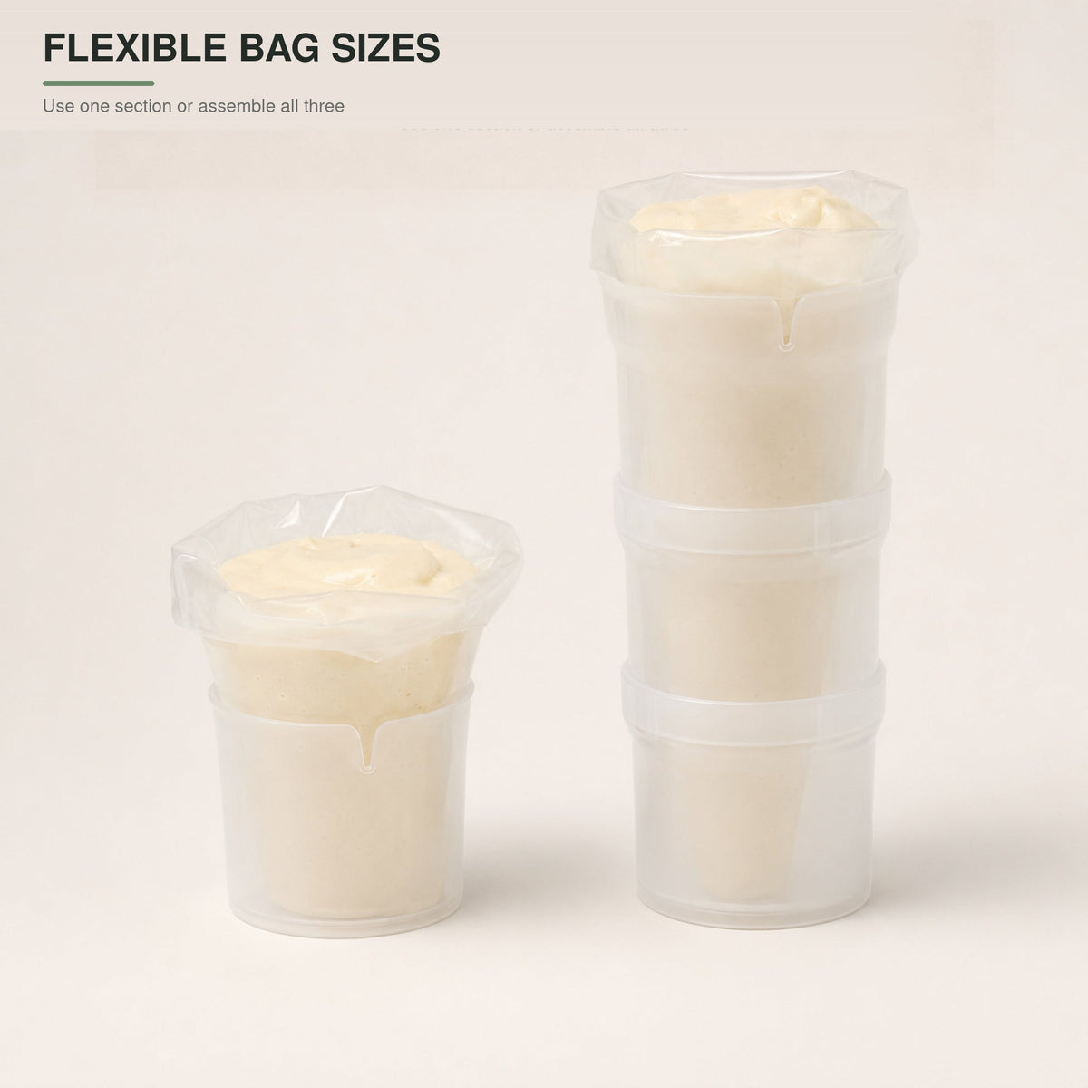 Piping bag holder shown in one-section and three-section setups