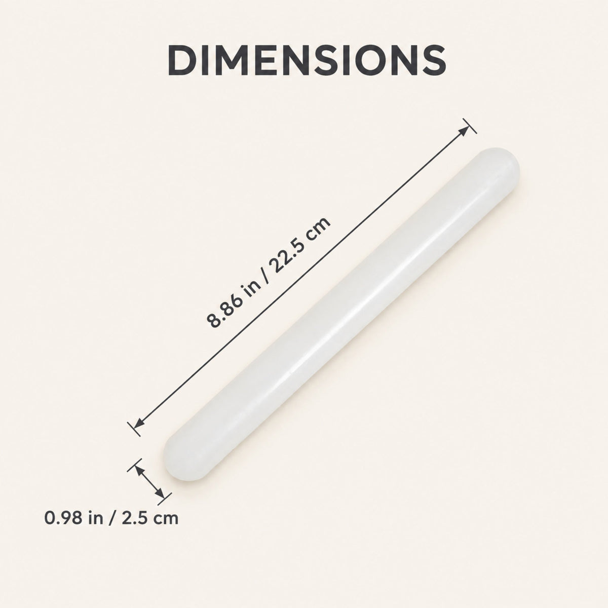 Plastic rolling pin with length and diameter dimensions