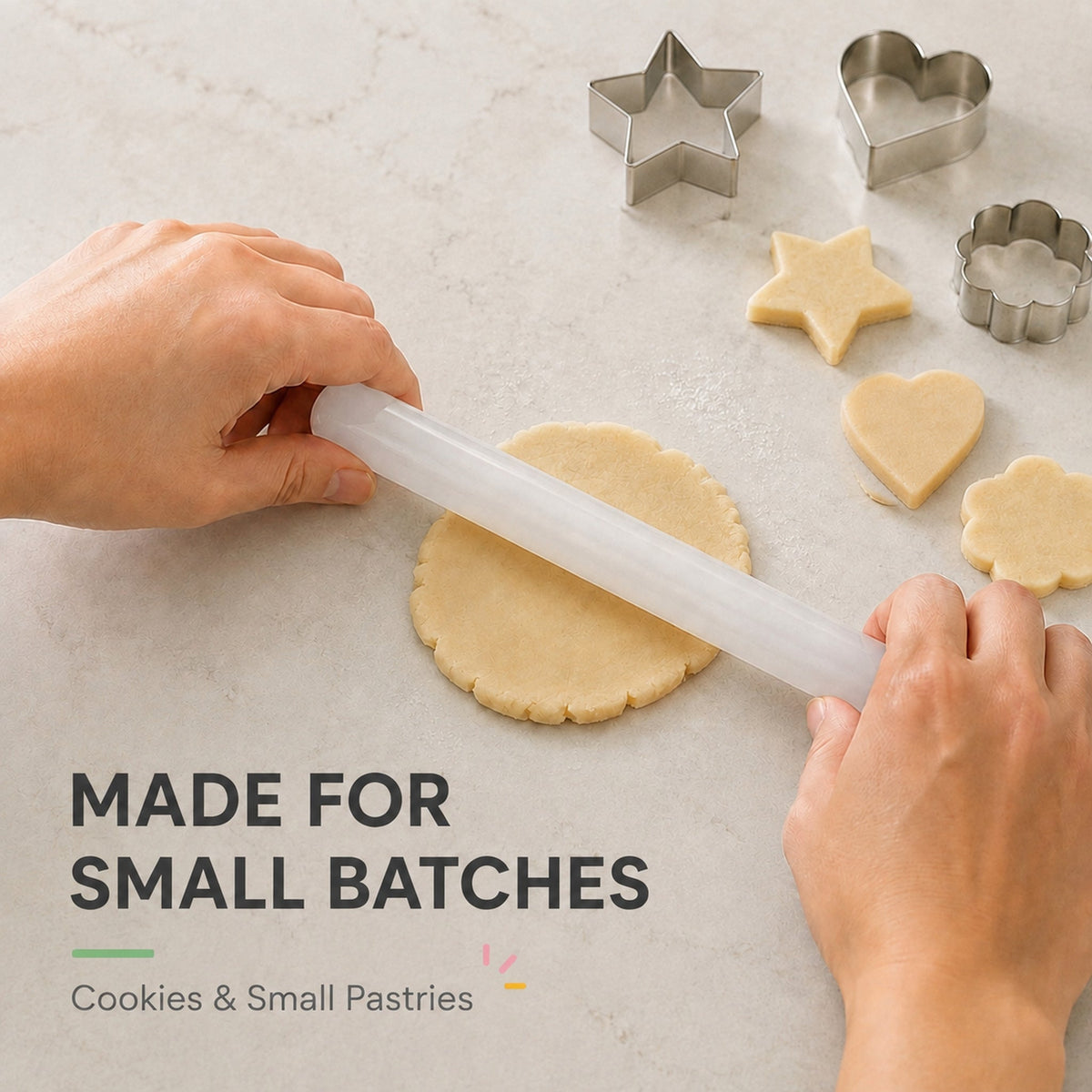 Plastic rolling pin shown rolling cookie dough for small pastries