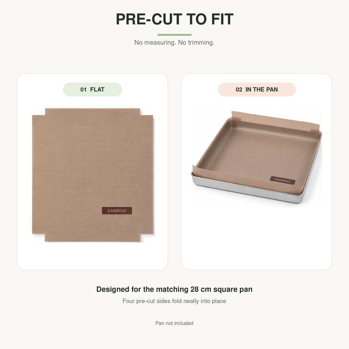 SANNENG pre-cut baking liner shown flat and fitted in the square pan