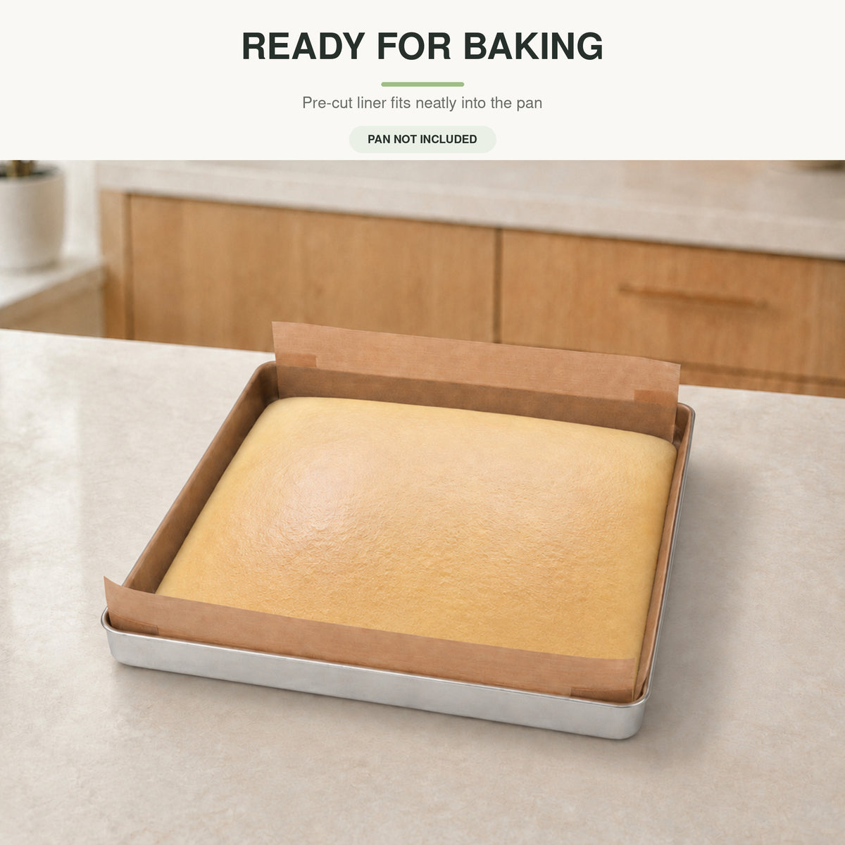 SANNENG pre-cut baking liner shown in use inside the square baking pan