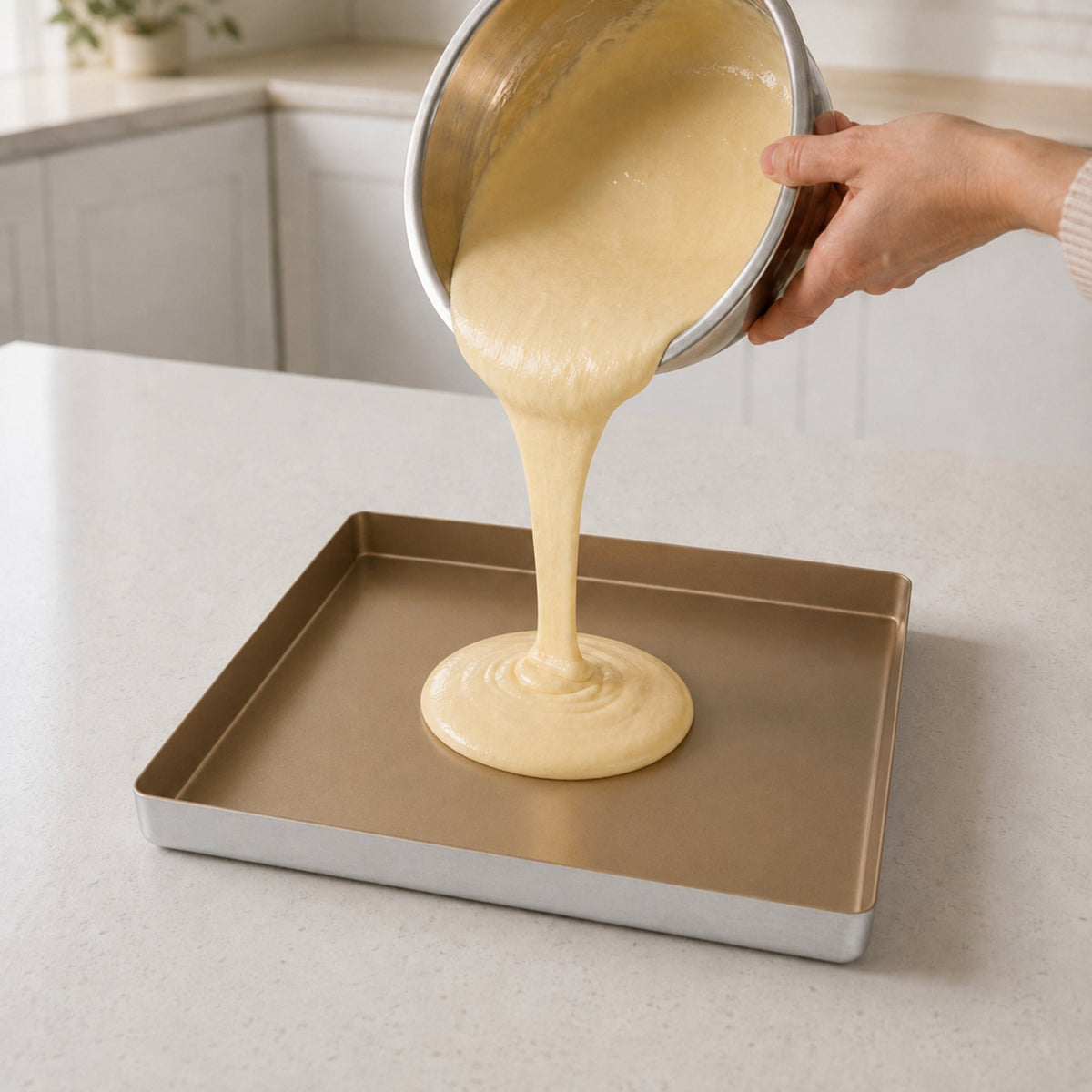 SANNENG square baking pan shown with batter being poured in