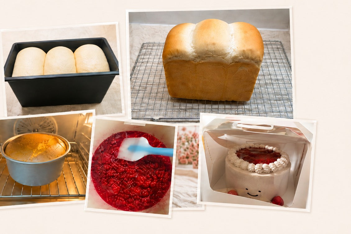Home-baking collage with milk bread, chiffon cake, fruit filling, and a decorated cake