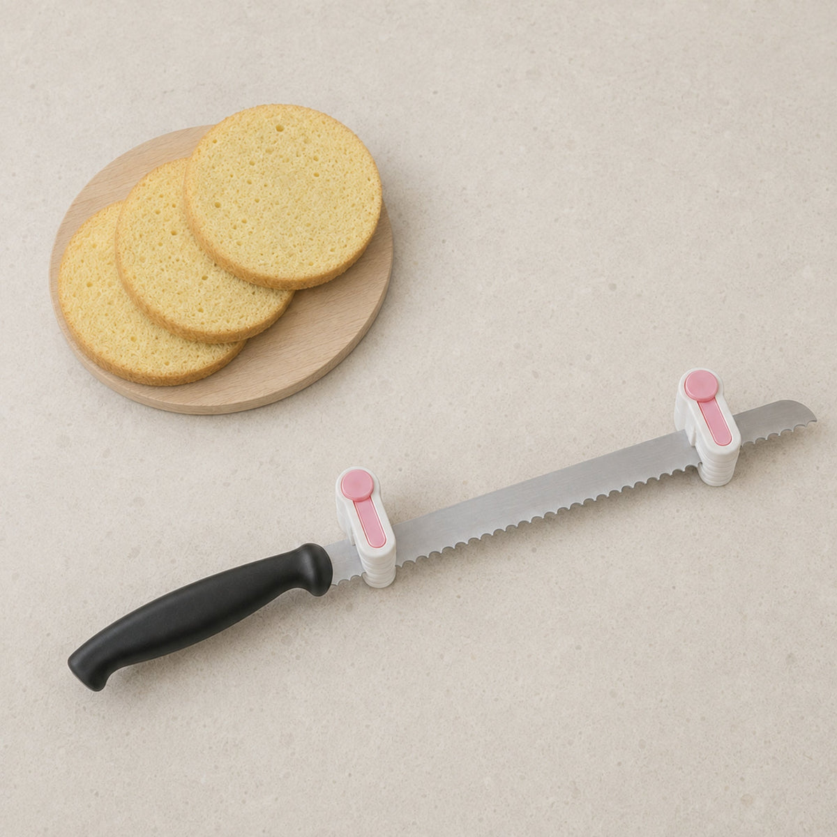 Cake leveling guides shown on a cake knife for horizontal slicing