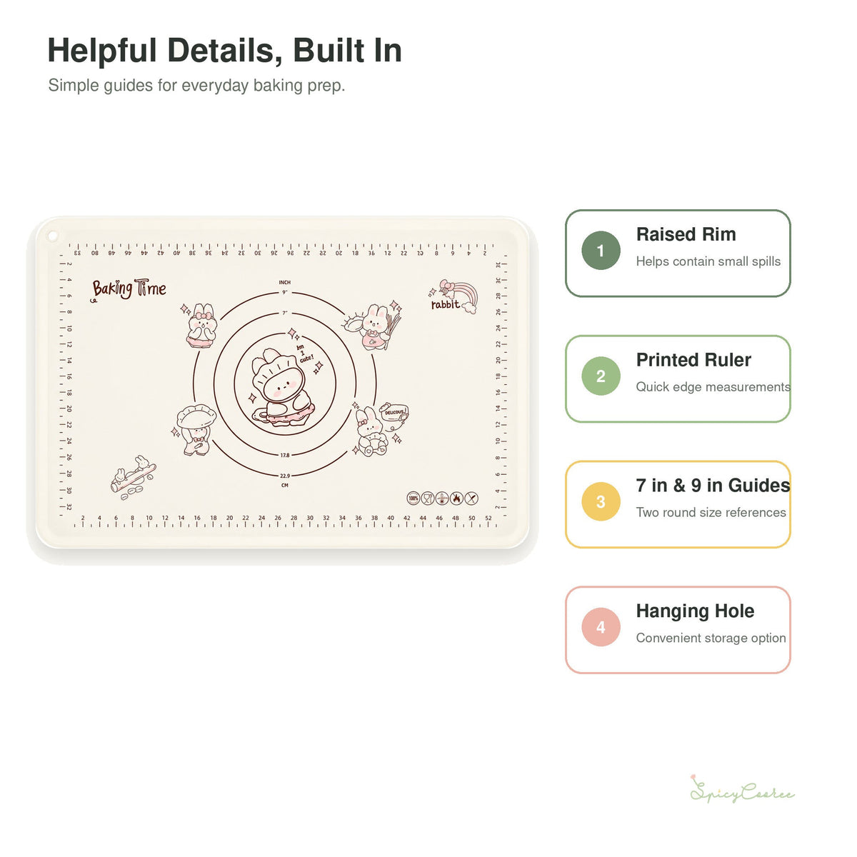 Rabbit silicone pastry mat with a raised rim, printed ruler, round guides, and hanging hole
