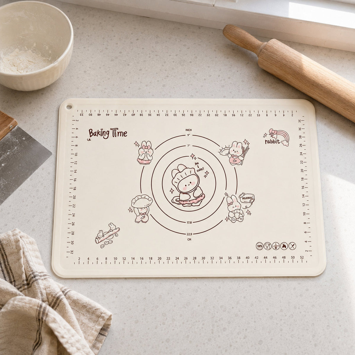 Rabbit silicone pastry mat shown on a kitchen counter for baking prep