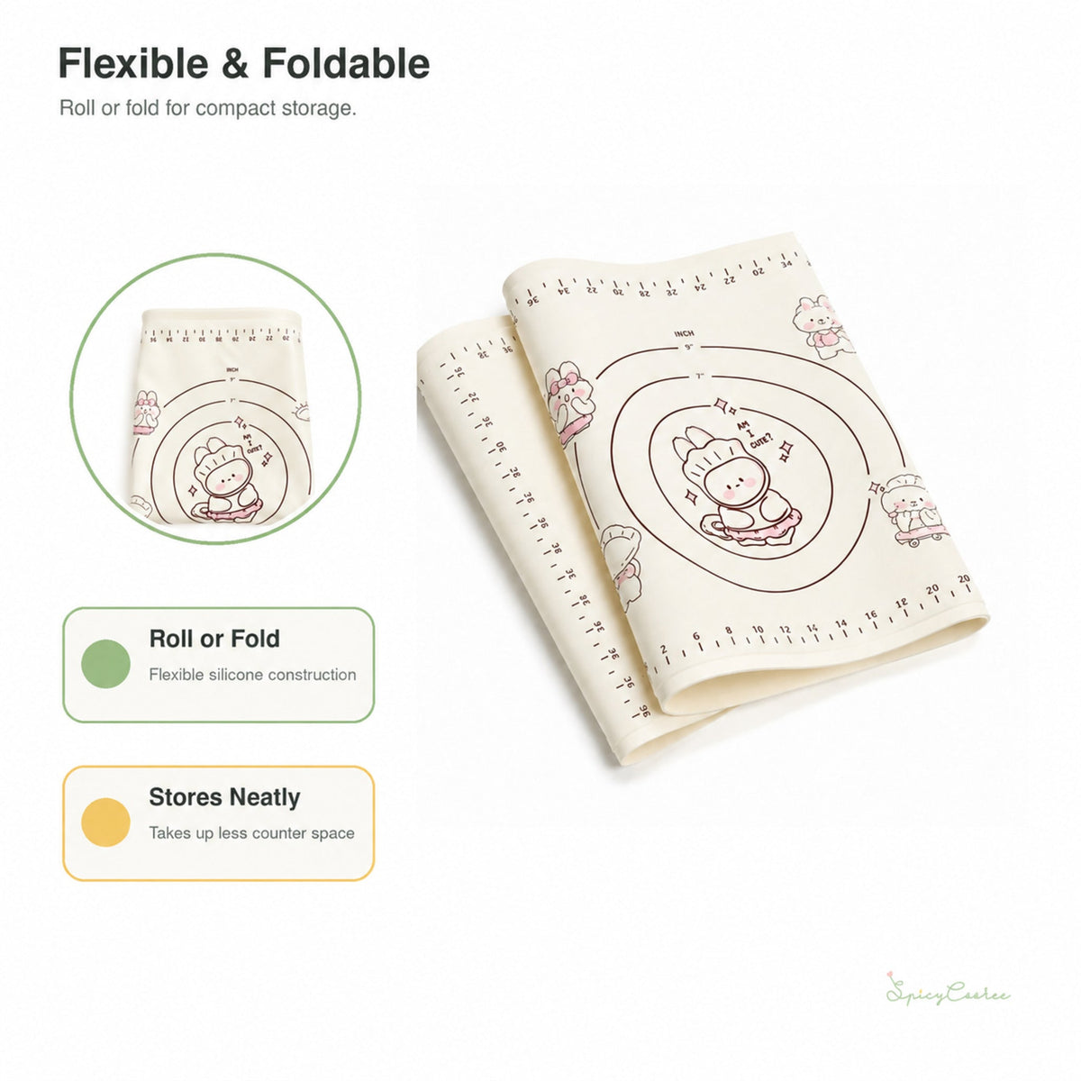 Rabbit silicone pastry mat rolled and folded for compact storage