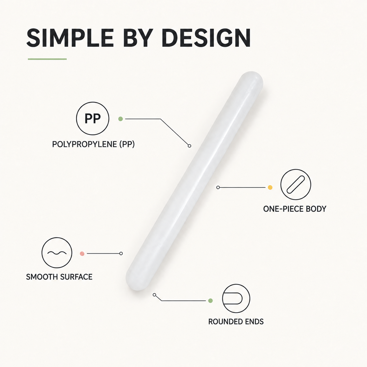 Polypropylene rolling pin with a one-piece body, smooth surface, and rounded ends