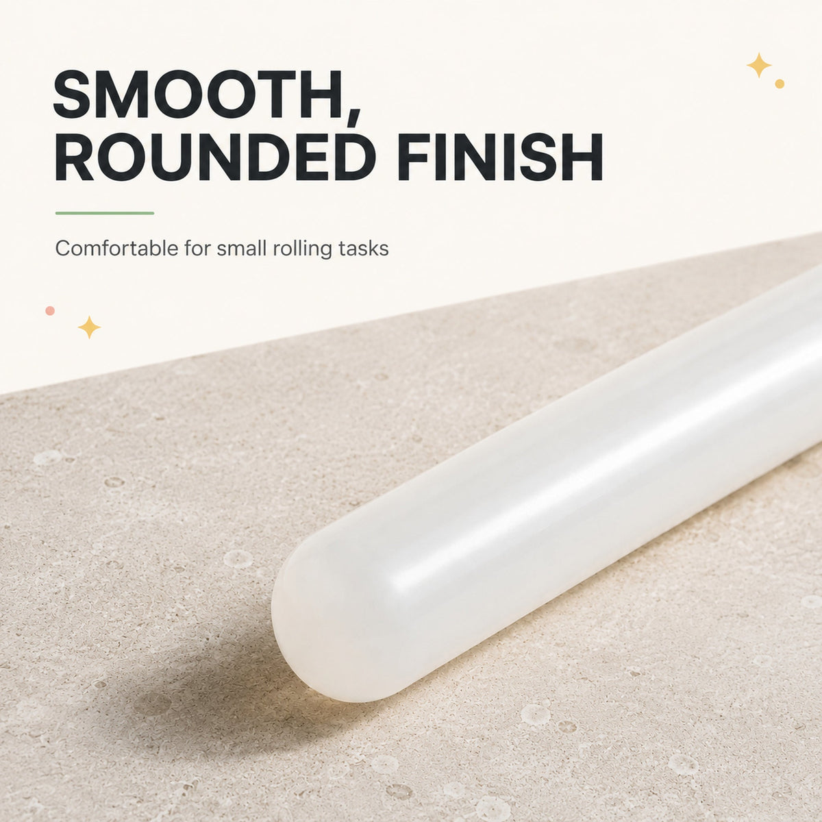 Close-up of plastic rolling pin smooth surface and rounded end