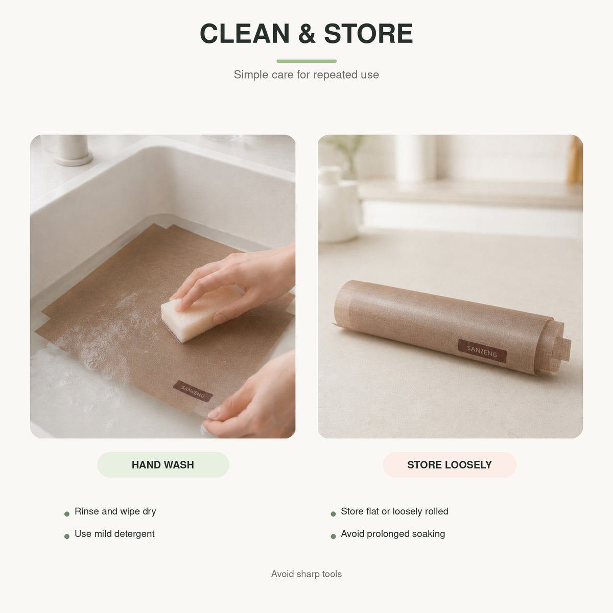 SANNENG baking liner hand-wash and storage guidance