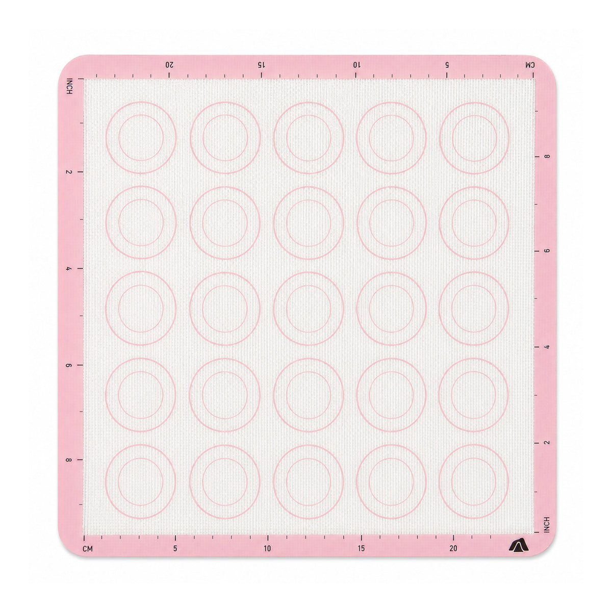 Square silicone baking mat with printed circle guides and edge scales