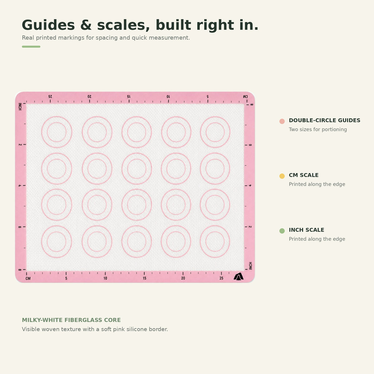 Silicone baking mat with printed circle guides and inch and centimeter scales