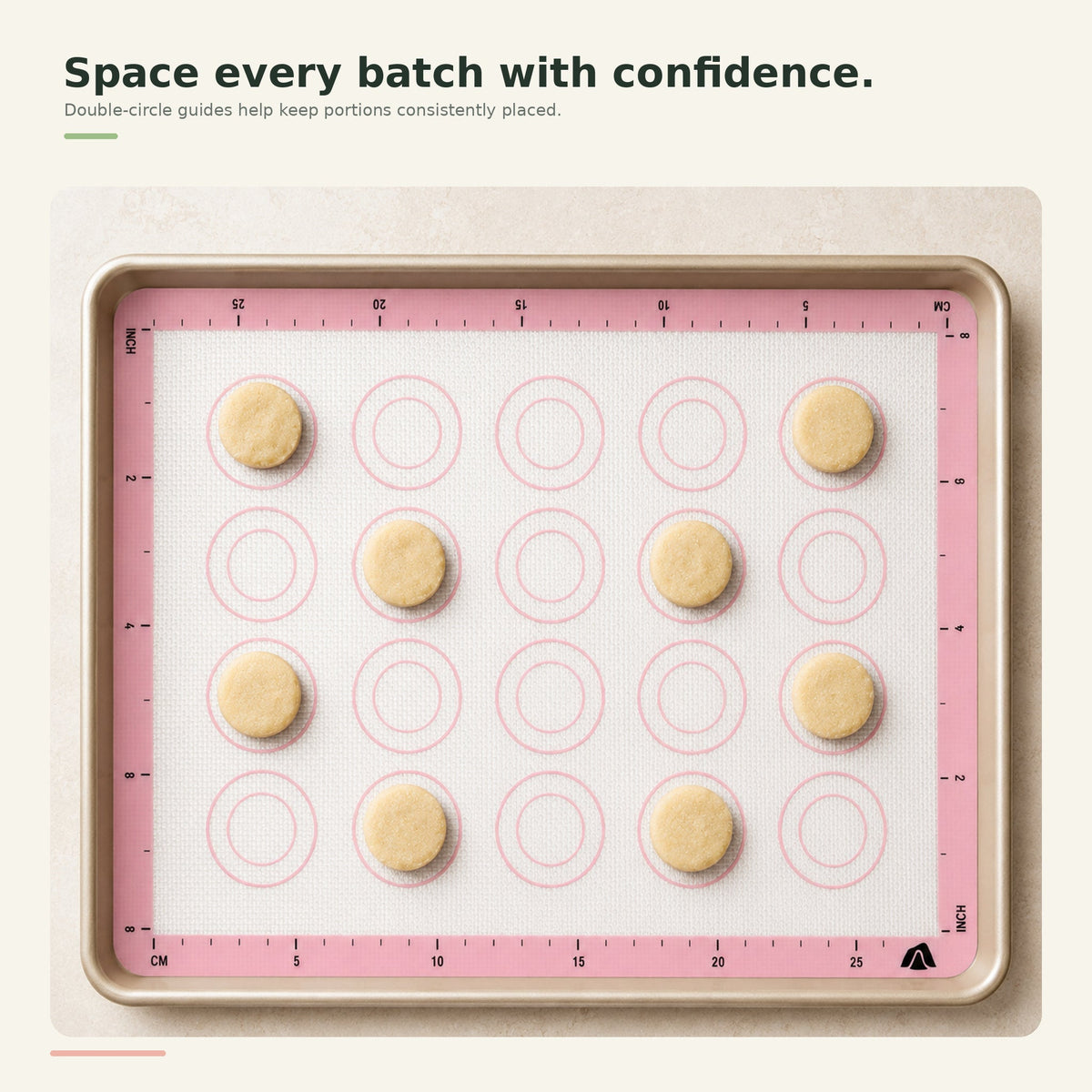 Silicone baking mat portion guides shown with cookie dough