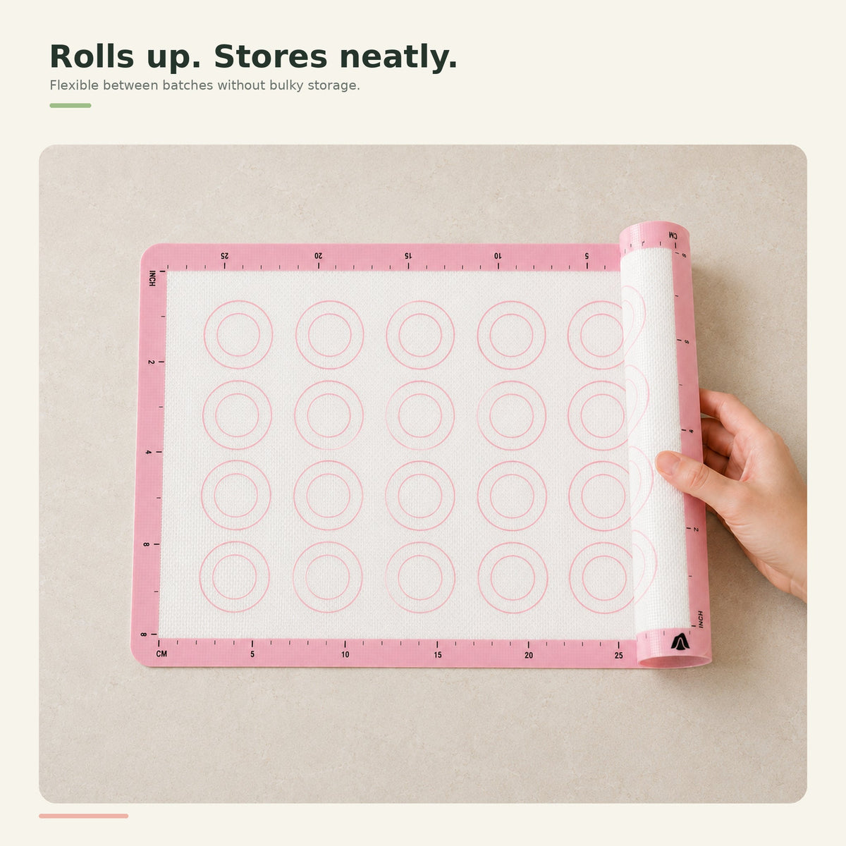 Silicone baking mat rolled for compact storage