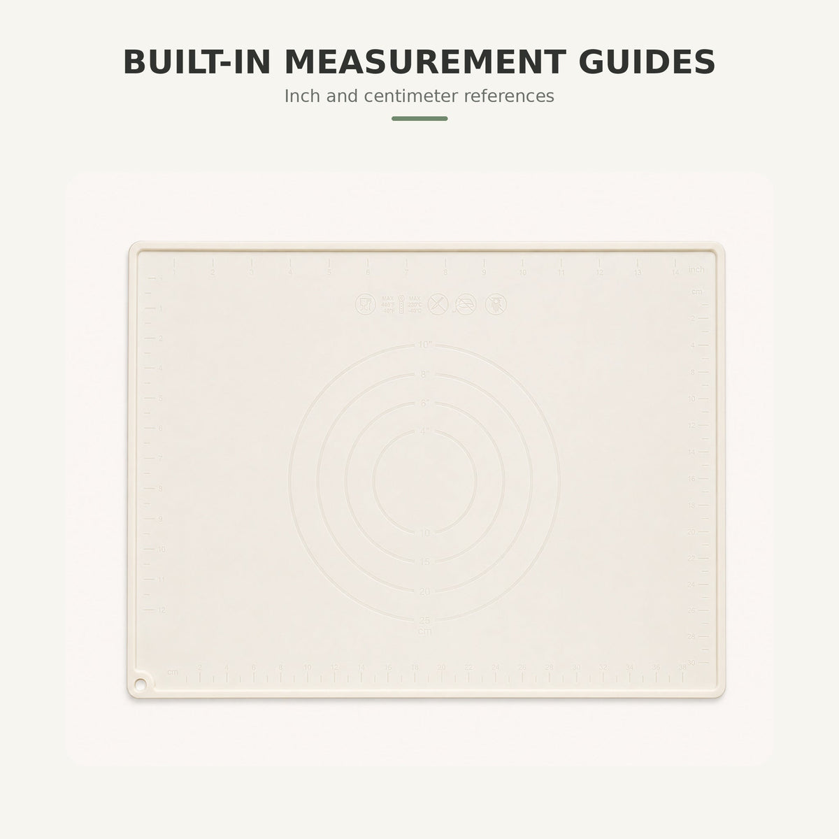 Silicone pastry mat with inch and centimeter measurement guides