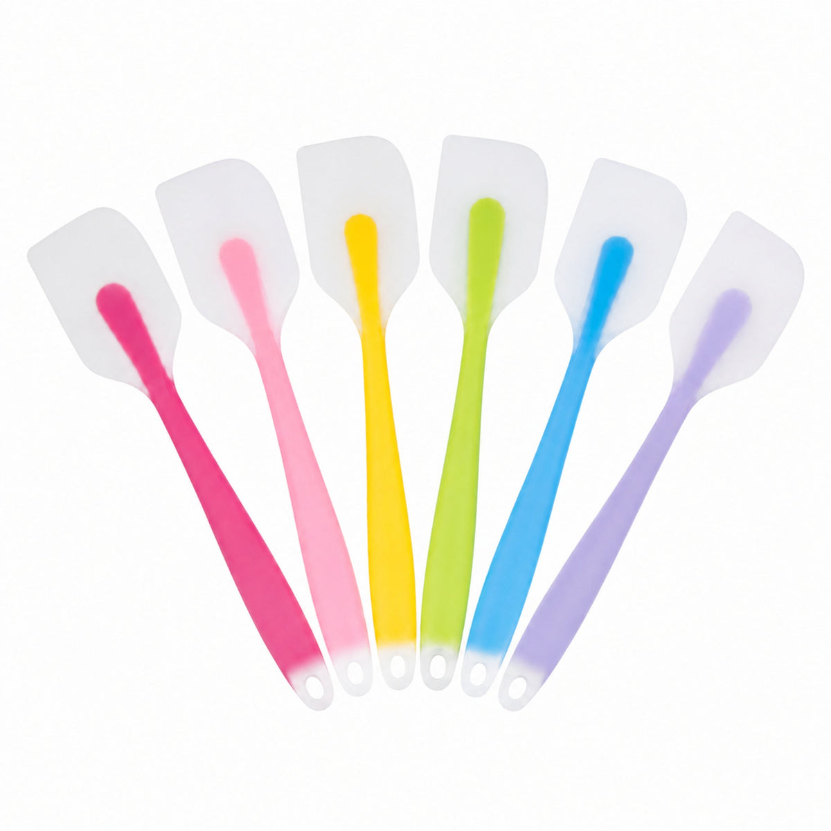 Six silicone spatulas in dark pink, pink, yellow, green, blue, and lavender arranged in a fan