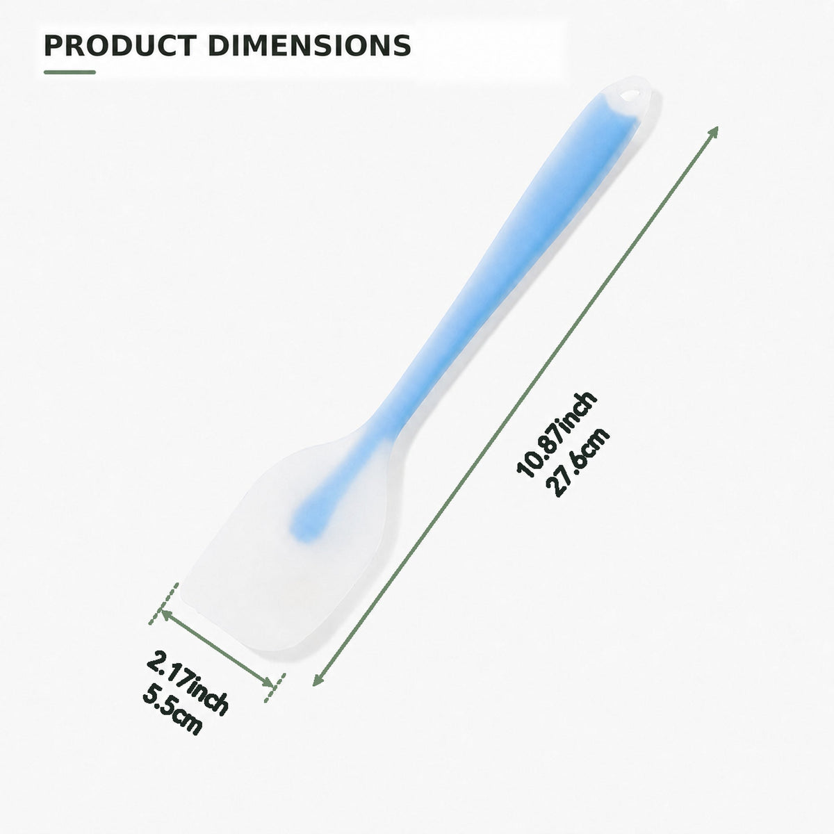 Silicone spatula dimensions showing 10.87 inches overall length and 2.17 inches head width