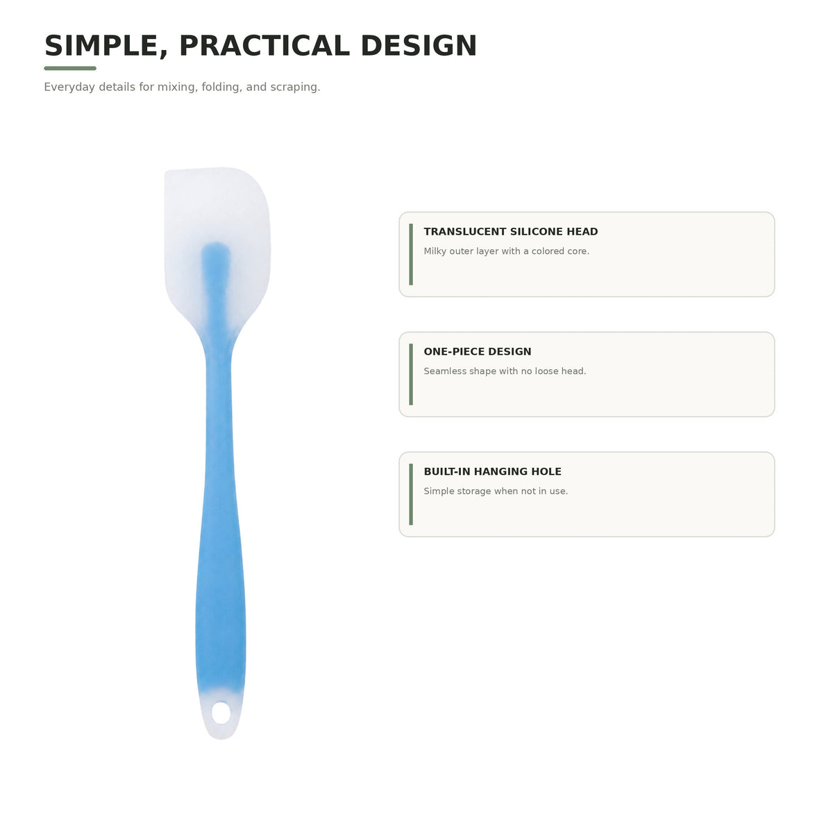 Blue silicone spatula showing translucent silicone head, one-piece design, and hanging hole