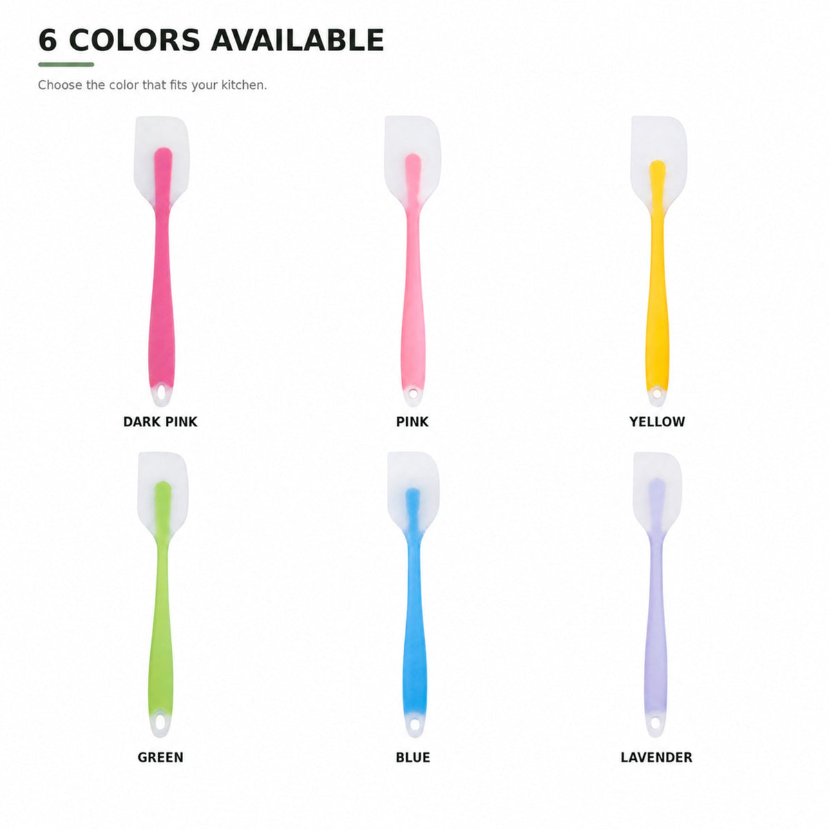 Silicone spatula color options in dark pink, pink, yellow, green, blue, and lavender
