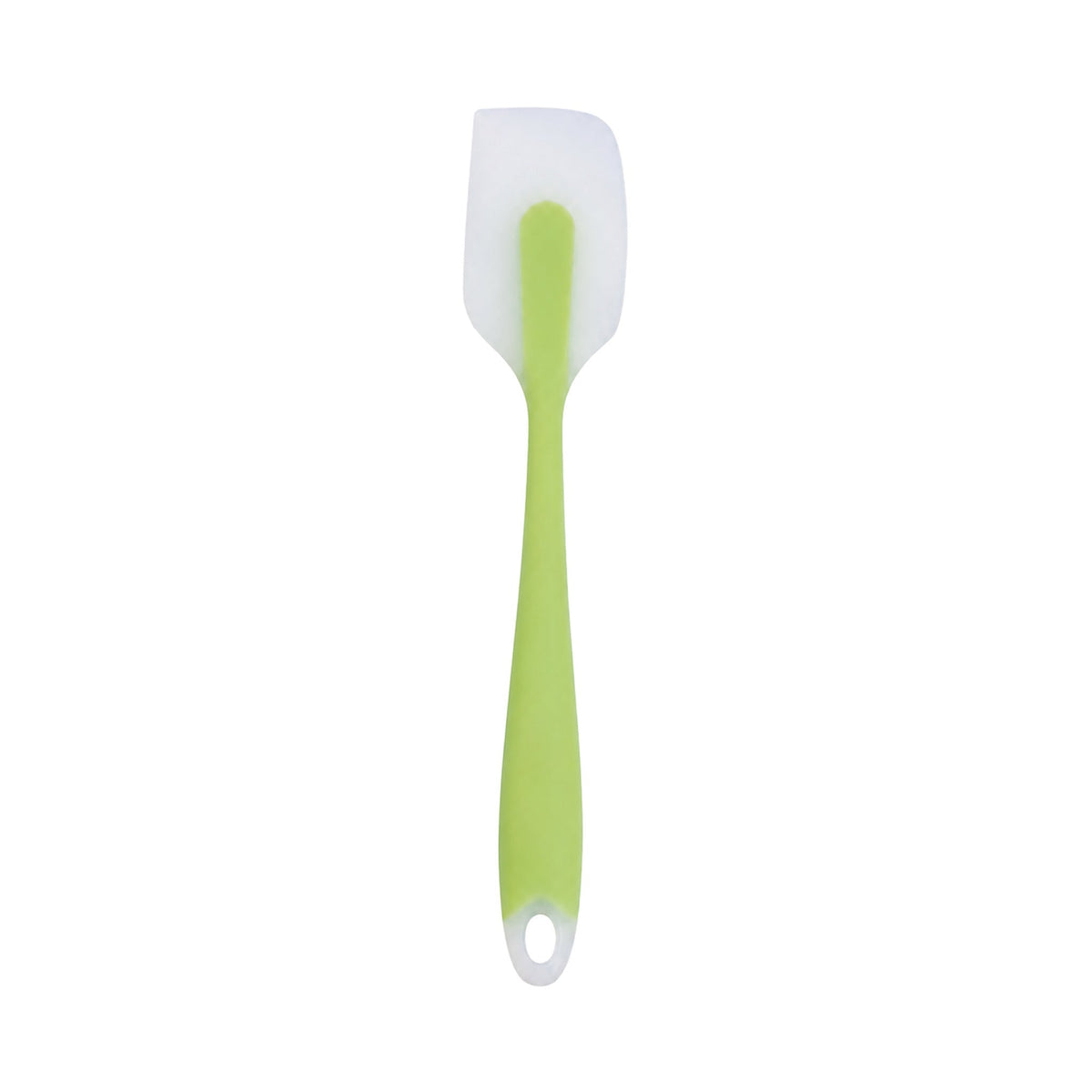 Green silicone spatula on white background